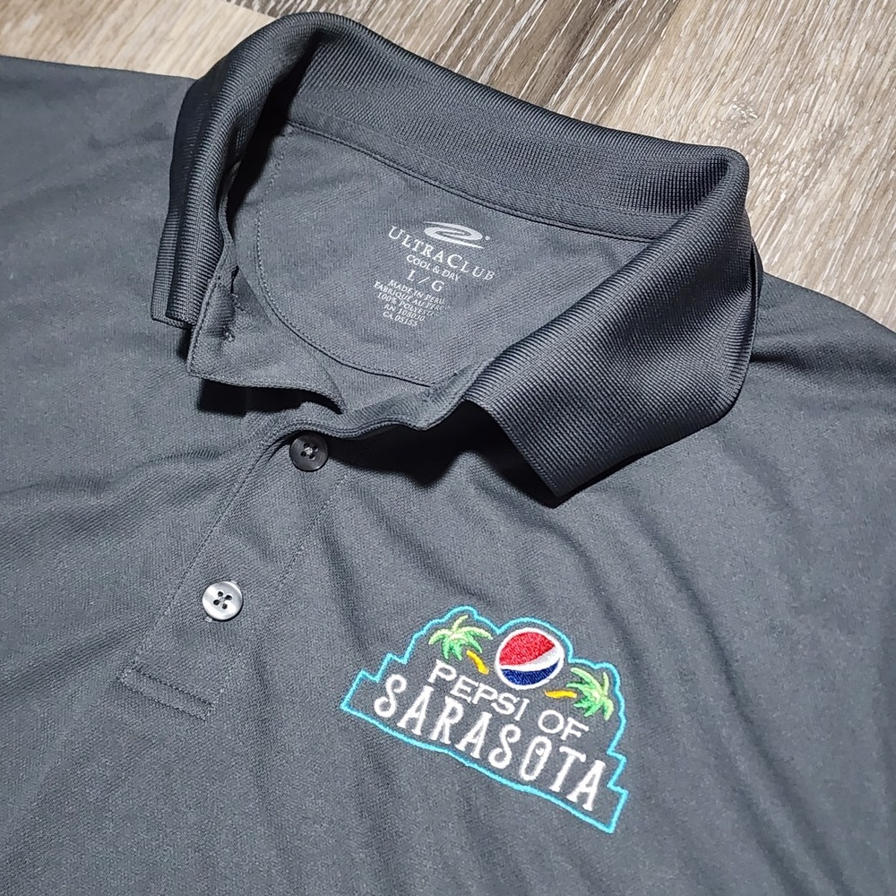 Pepsi Sarasota Florida Sport Polo Short Sleeve Gray Palm Tree Performance Mens L